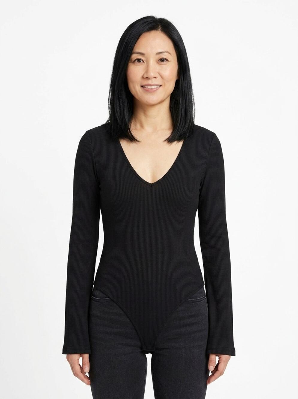 Intimately Free People Ribbed Knit V-Neck Bell Sleeve Bodysuit Women Size M